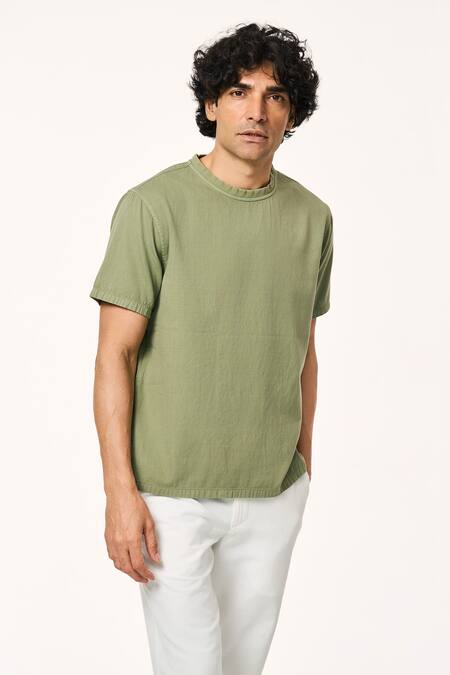 Buy_Terra Luna_Green Cotton Matcha Solid T-shirt _Online_at_Aza_Fashions