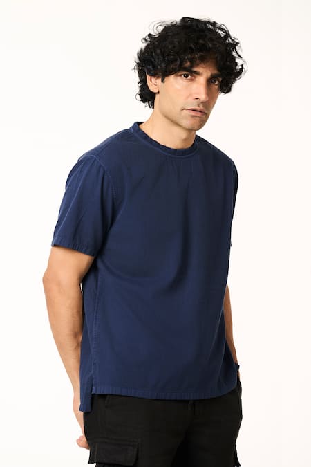 Terra Luna_Blue Cotton Asymmetric Hem T-shirt _Online_at_Aza_Fashions