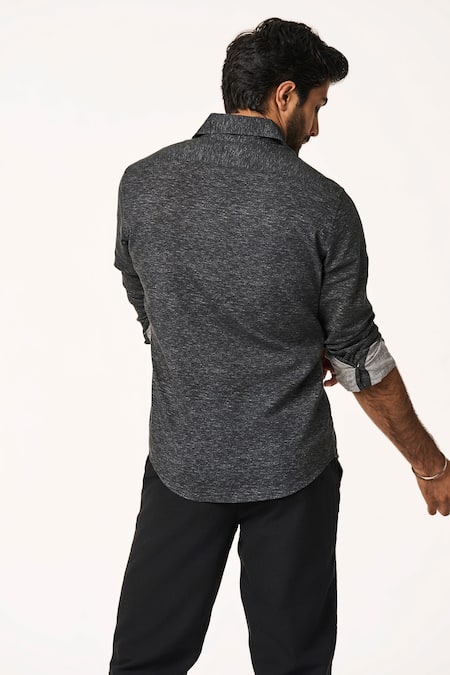 Shop_Terra Luna_Grey Cotton Black Collared Rolled Sleeve Shirt _at_Aza_Fashions