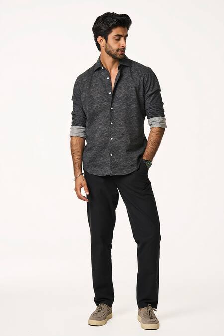 Terra Luna_Grey Cotton Black Collared Rolled Sleeve Shirt _Online_at_Aza_Fashions