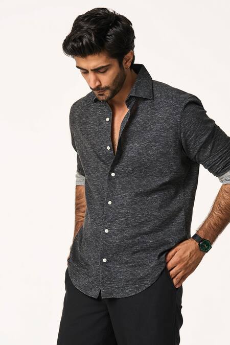 Buy_Terra Luna_Grey Cotton Black Collared Rolled Sleeve Shirt _Online_at_Aza_Fashions