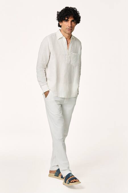 Terra Luna_White Linen Collared Solid T-shirt _Online_at_Aza_Fashions