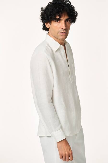 Buy_Terra Luna_White Linen Collared Solid T-shirt _Online_at_Aza_Fashions