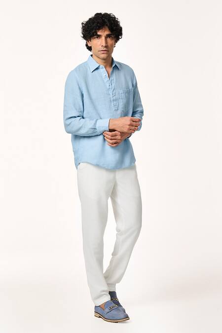 Terra Luna_Blue Linen Ice Solid T-shirt _Online_at_Aza_Fashions