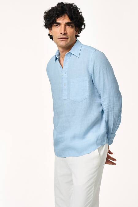 Buy_Terra Luna_Blue Linen Ice Solid T-shirt _Online_at_Aza_Fashions