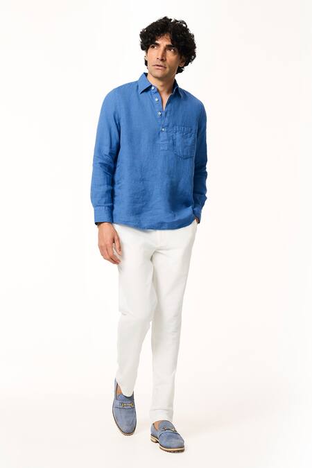 Buy_Terra Luna_Blue Linen Ocean Pocketed T-shirt _Online_at_Aza_Fashions
