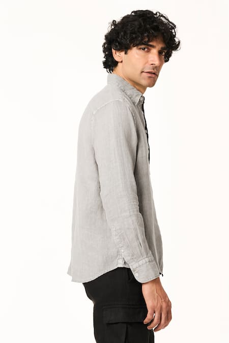 Terra Luna_Gray Linen Grey Collared Pocketed T-shirt _Online_at_Aza_Fashions