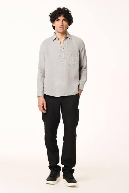 Buy_Terra Luna_Gray Linen Grey Collared Pocketed T-shirt _Online_at_Aza_Fashions