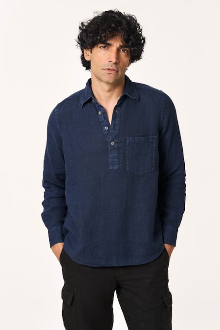 Terra Luna_Blue Linen Pocketed Solid T-shirt _Online_at_Aza_Fashions