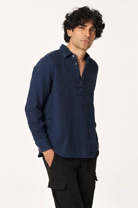 Buy_Terra Luna_Blue Linen Pocketed Solid T-shirt _Online_at_Aza_Fashions