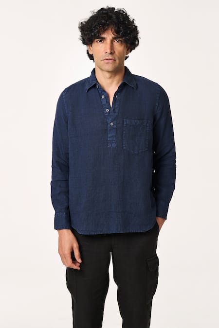 Shop_Terra Luna_Blue Linen Pocketed Solid T-shirt _Online_at_Aza_Fashions
