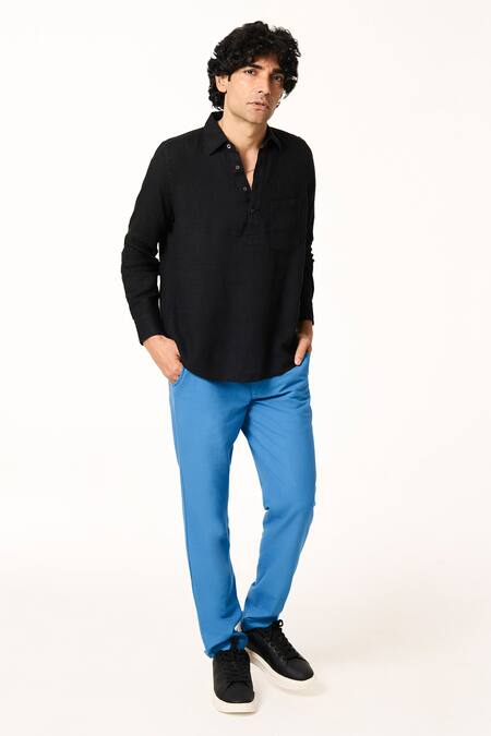 Terra Luna_Black Linen Collared Pocketed T-shirt _Online_at_Aza_Fashions