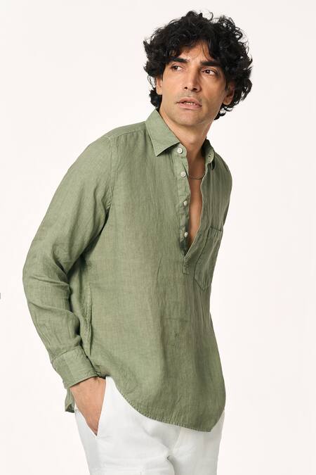 Terra Luna_Green Linen Solid Pocketed T-shirt _Online_at_Aza_Fashions