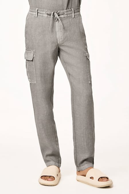 Terra Luna_Gray Linen Charcoal Solid Cargo Pant _Online_at_Aza_Fashions