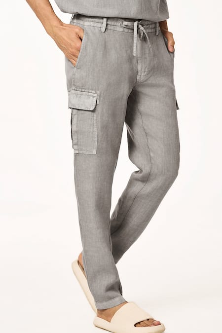 Buy_Terra Luna_Gray Linen Charcoal Solid Cargo Pant _Online_at_Aza_Fashions
