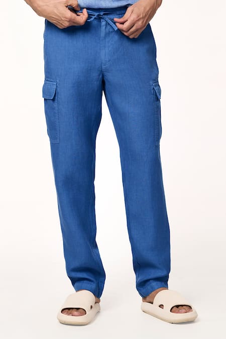 Terra Luna_Blue Linen Ocean Solid Cargo Pant _Online_at_Aza_Fashions