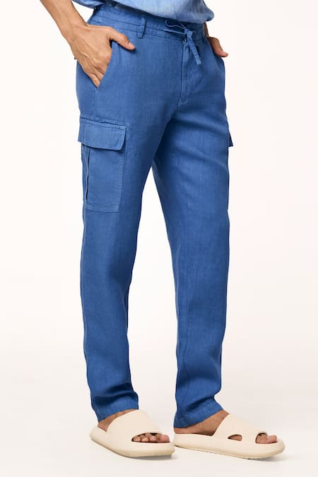 Buy_Terra Luna_Blue Linen Ocean Solid Cargo Pant _Online_at_Aza_Fashions