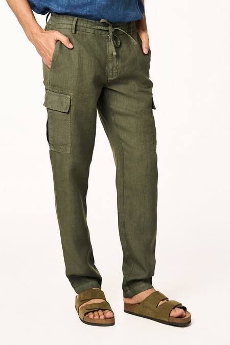Terra Luna_Green Linen Moss Cargo Pant _Online_at_Aza_Fashions