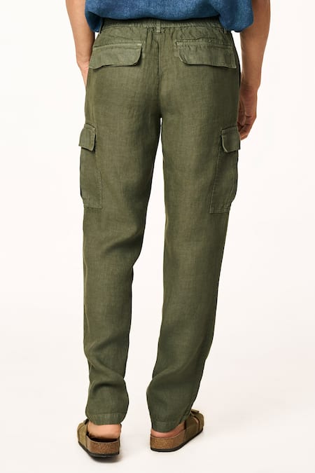 Shop_Terra Luna_Green Linen Moss Cargo Pant _at_Aza_Fashions