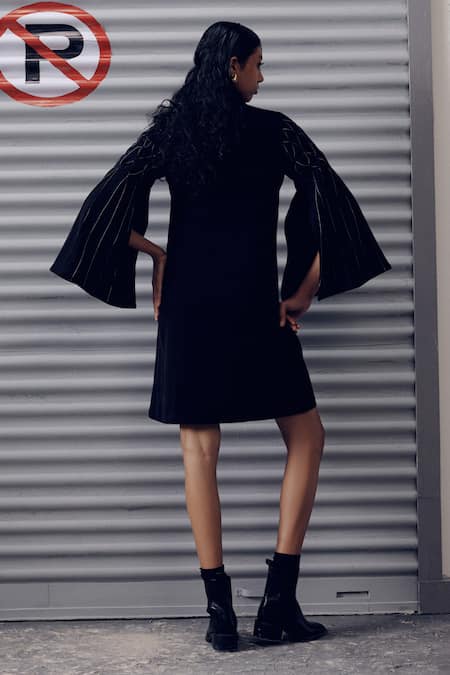 Shop Veera Wear Black Crepe Mandarin Collar Metallic Embellished Dress at Aza Fashions Shop_Veera Wear_Black Crepe Mandarin Collar Metallic Embellished Dress _at_Aza_Fashions