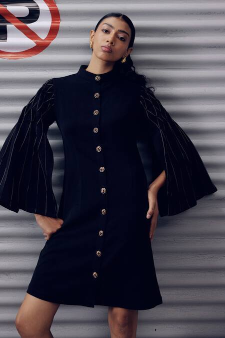 Veera Wear Black Crepe Mandarin Collar Metallic Embellished Dress Online at Aza Fashions Veera Wear_Black Crepe Mandarin Collar Metallic Embellished Dress _Online_at_Aza_Fashions