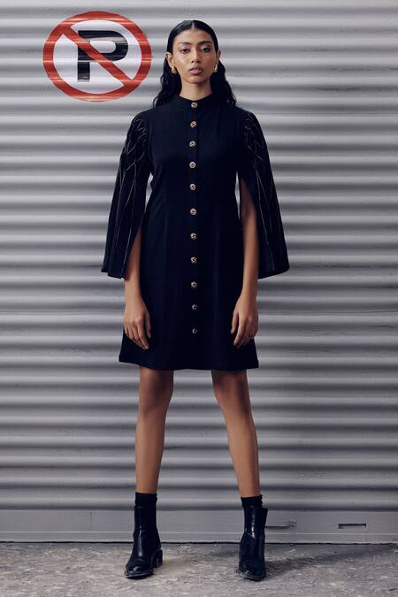 Shop Veera Wear Black Crepe Mandarin Collar Metallic Embellished Dress Online at Aza Fashions Shop_Veera Wear_Black Crepe Mandarin Collar Metallic Embellished Dress _Online_at_Aza_Fashions