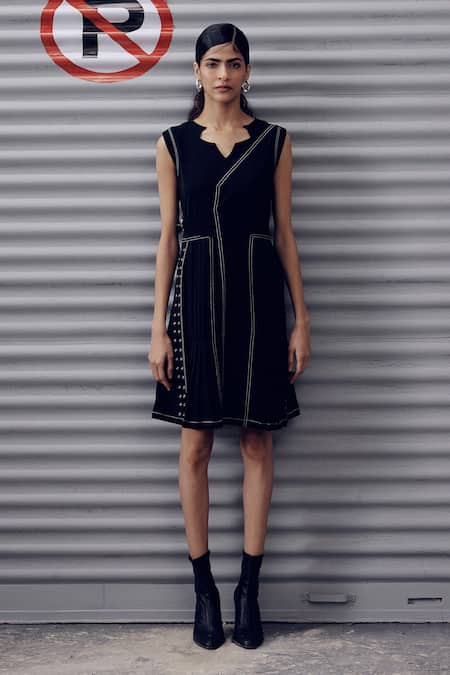 Shop Veera Wear Black Crepe Embroidery Open Neck Geometric Cutout Biker Dress at Aza Fashions Shop_Veera Wear_Black Crepe Embroidery Open Neck Geometric Cutout Biker Dress _at_Aza_Fashions