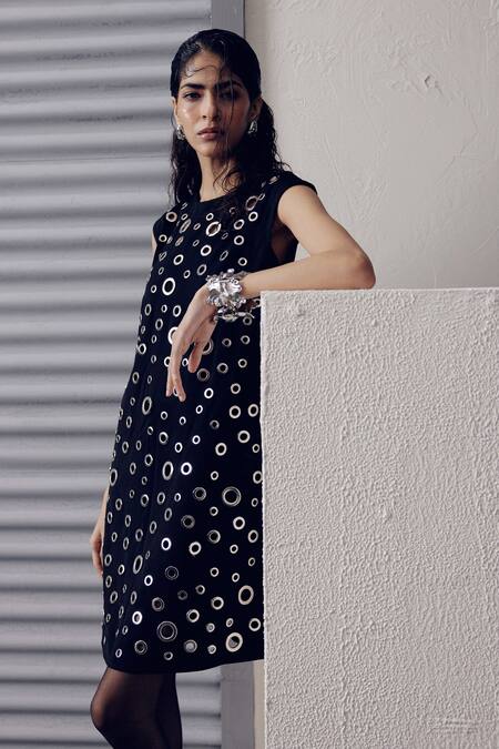 Veera Wear Black Crepe Round Neck Metallic Eyelet Embellished Dress Online at Aza Fashions Veera Wear_Black Crepe Round Neck Metallic Eyelet Embellished Dress _Online_at_Aza_Fashions