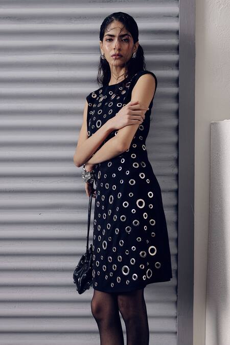 Veera Wear Black Crepe Round Neck Metallic Eyelet Embellished Dress at Aza Fashions Veera Wear_Black Crepe Round Neck Metallic Eyelet Embellished Dress _at_Aza_Fashions