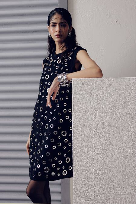 Buy Veera Wear Black Crepe Round Neck Metallic Eyelet Embellished Dress Buy_Veera Wear_Black Crepe Round Neck Metallic Eyelet Embellished Dress