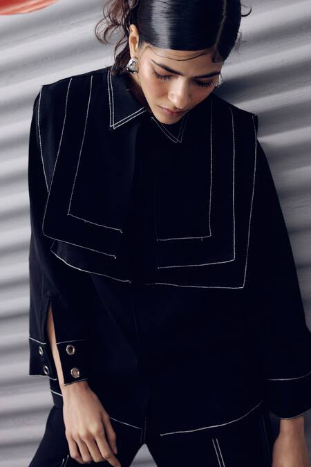 Veera Wear_Black Crepe Embroidery Collared Eclipse Top _Online_at_Aza_Fashions