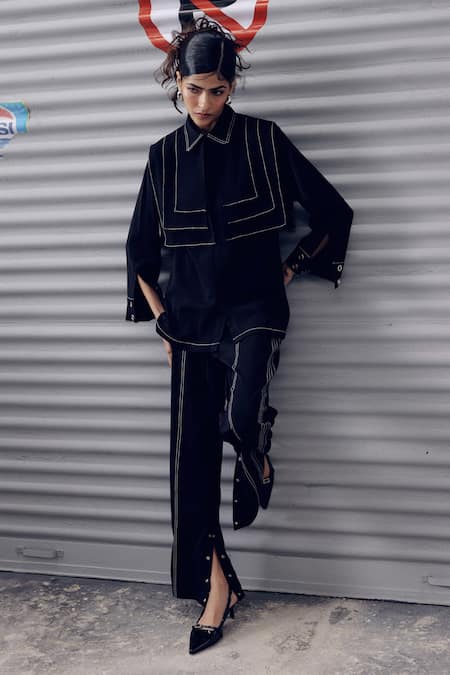 Buy_Veera Wear_Black Crepe Embroidery Collared Eclipse Top _Online_at_Aza_Fashions
