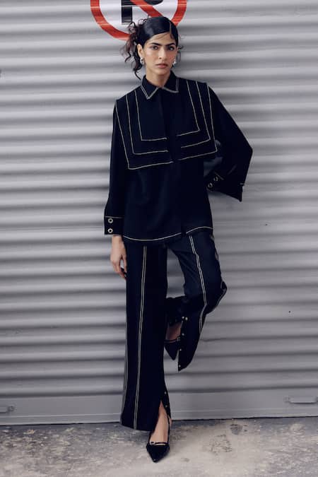 Shop_Veera Wear_Black Crepe Embroidery Collared Eclipse Top _Online_at_Aza_Fashions