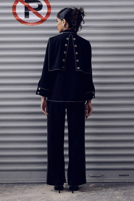 Shop_Veera Wear_Black Crepe Embroidery Collared Eclipse Top _at_Aza_Fashions