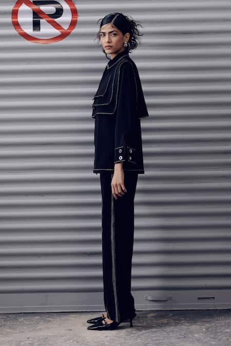 Veera Wear_Black Crepe Embroidery Collared Eclipse Top _at_Aza_Fashions
