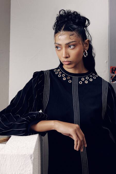 Veera Wear Black Crepe Embroidery Round Neck Puffed Sleeve Dress Online at Aza Fashions Veera Wear_Black Crepe Embroidery Round Neck Puffed Sleeve Dress _Online_at_Aza_Fashions