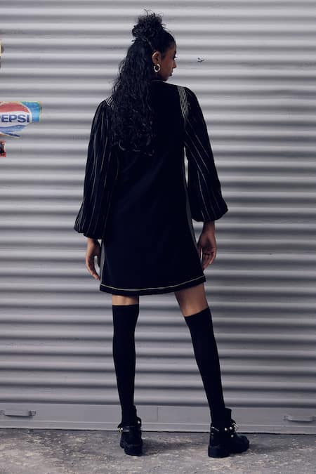 Shop Veera Wear Black Crepe Embroidery Round Neck Puffed Sleeve Dress at Aza Fashions Shop_Veera Wear_Black Crepe Embroidery Round Neck Puffed Sleeve Dress _at_Aza_Fashions