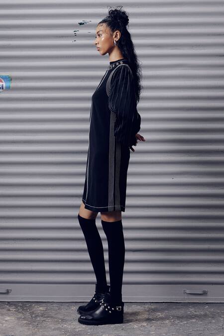 Buy Veera Wear Black Crepe Embroidery Round Neck Puffed Sleeve Dress Online at Aza Fashions Buy_Veera Wear_Black Crepe Embroidery Round Neck Puffed Sleeve Dress _Online_at_Aza_Fashions