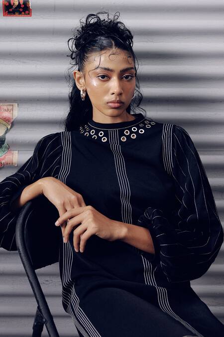 Shop Veera Wear Black Crepe Embroidery Round Neck Puffed Sleeve Dress Online at Aza Fashions Shop_Veera Wear_Black Crepe Embroidery Round Neck Puffed Sleeve Dress _Online_at_Aza_Fashions