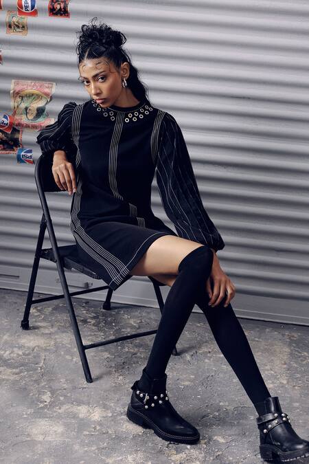 Veera Wear Black Crepe Embroidery Round Neck Puffed Sleeve Dress at Aza Fashions Veera Wear_Black Crepe Embroidery Round Neck Puffed Sleeve Dress _at_Aza_Fashions