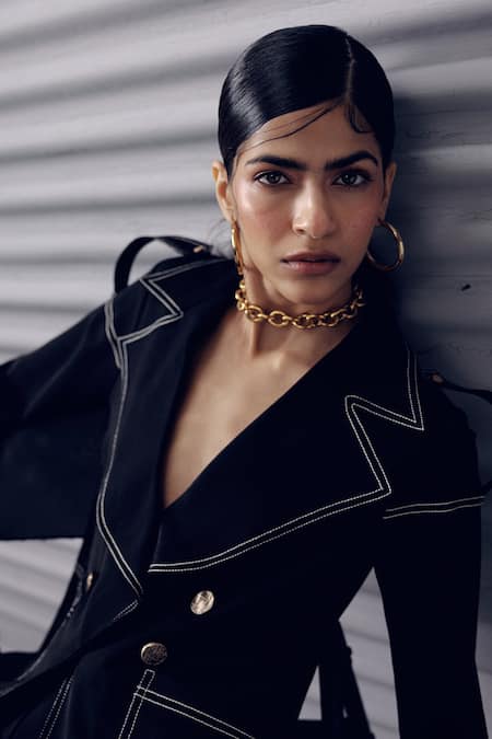 Veera Wear Black Crepe Embroidery Collared Lapel Shirt And Pant Set Online at Aza Fashions Veera Wear_Black Crepe Embroidery Collared Lapel Shirt And Pant Set _Online_at_Aza_Fashions