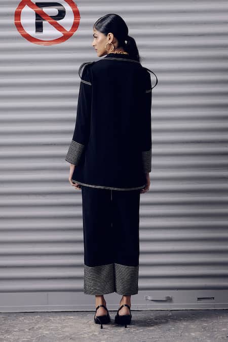 Shop Veera Wear Black Crepe Embroidery Collared Lapel Shirt And Pant Set at Aza Fashions Shop_Veera Wear_Black Crepe Embroidery Collared Lapel Shirt And Pant Set _at_Aza_Fashions