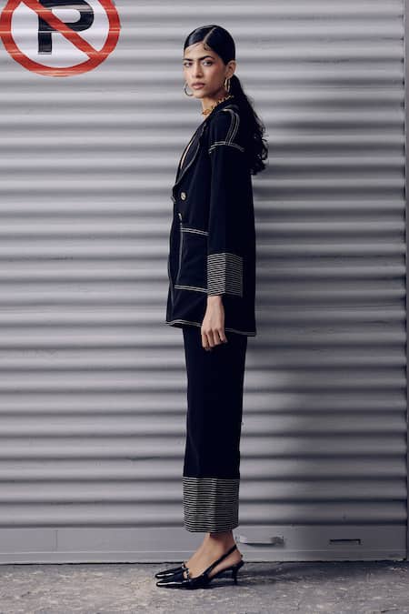 Buy Veera Wear Black Crepe Embroidery Collared Lapel Shirt And Pant Set Online at Aza Fashions Buy_Veera Wear_Black Crepe Embroidery Collared Lapel Shirt And Pant Set _Online_at_Aza_Fashions