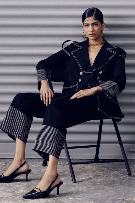 Shop Veera Wear Black Crepe Embroidery Collared Lapel Shirt And Pant Set Online at Aza Fashions Shop_Veera Wear_Black Crepe Embroidery Collared Lapel Shirt And Pant Set _Online_at_Aza_Fashions