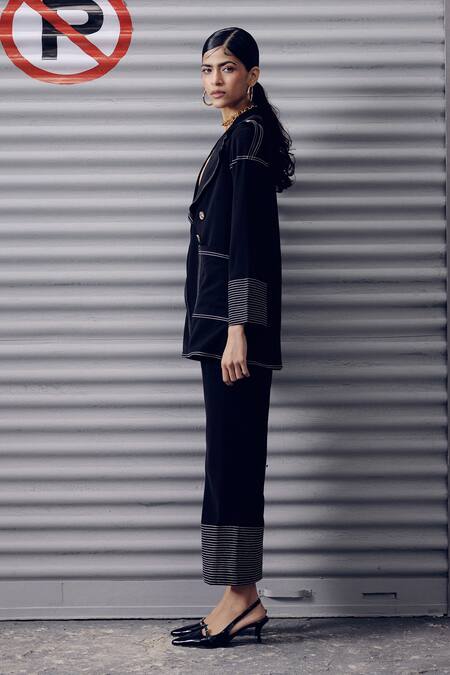 Veera Wear Black Crepe Embroidery Collared Lapel Shirt And Pant Set at Aza Fashions Veera Wear_Black Crepe Embroidery Collared Lapel Shirt And Pant Set _at_Aza_Fashions