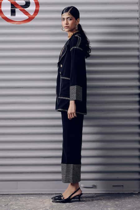 Veera Wear_Black Crepe Embroidery Collared Stitchline Lapel Top _Online_at_Aza_Fashions