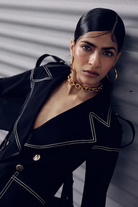 Shop_Veera Wear_Black Crepe Embroidery Collared Stitchline Lapel Top _Online_at_Aza_Fashions