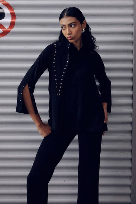 Veera Wear_Black Crepe Embroidery Collared Eyelet Embellished Asymmetric Top _Online_at_Aza_Fashions