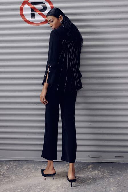 Buy_Veera Wear_Black Crepe Embroidery Collared Eyelet Embellished Asymmetric Top _Online_at_Aza_Fashions