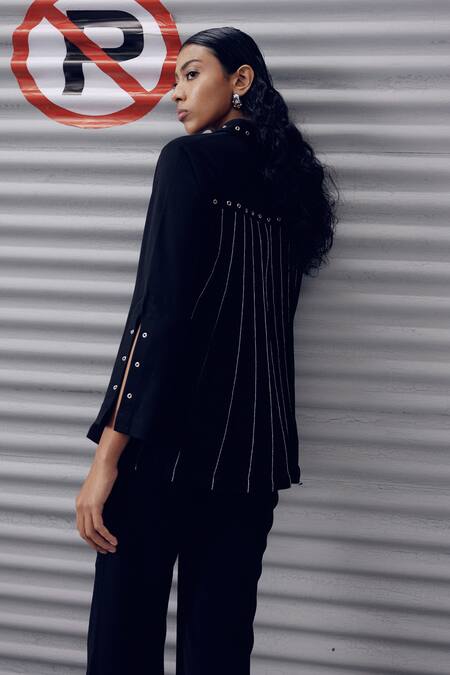 Shop_Veera Wear_Black Crepe Embroidery Collared Eyelet Embellished Asymmetric Top _Online_at_Aza_Fashions